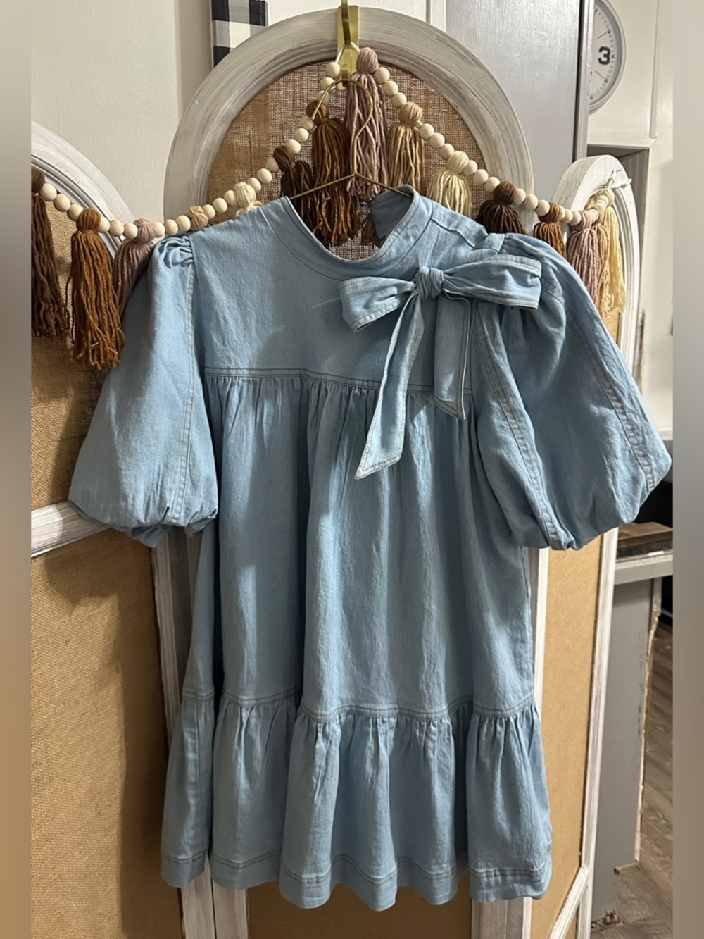 TCEC Light Blue Puff Sleeve Dress with Bow